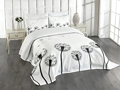 ABAKUHAUS Löwenzahn Tagesdecke Set, Faded Blowball Pflanze, Set mit Kissenbezügen Waschbar, für Doppelbetten 220 x 220 cm, Creme Schwarz von ABAKUHAUS