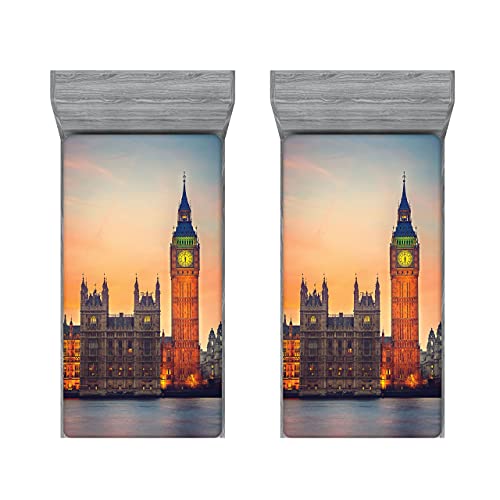 ABAKUHAUS London 2er-Satz Spannbetttuch, Big Ben und das Parlament, Soft Dekorativer Stoff Bettwäsche Rund-um Elastischer Gummizug, 90 cm x 200 cm, Mehrfarbig von ABAKUHAUS