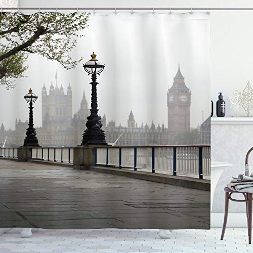 ABAKUHAUS London Duschvorhang, Westminster Tower Bridge, Stoffliches Gewebe Badezimmerdekorationsset mit Haken, 175 x 220 cm, Mehrfarbig von ABAKUHAUS