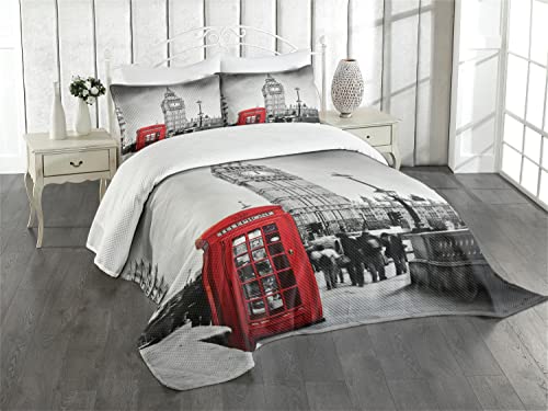 ABAKUHAUS London Tagesdecke Set, Telefonzelle Big Ben, Set mit Kissenbezügen Waschbar, für Doppelbetten 264 x 220 cm, Grau Rot von ABAKUHAUS