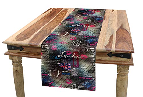 ABAKUHAUS London Tischläufer, Grunge-Zeitungs-Collage, Esszimmer Küche Rechteckiger Dekorativer Tischläufer, 40 x 180 cm, Grau Pink von ABAKUHAUS
