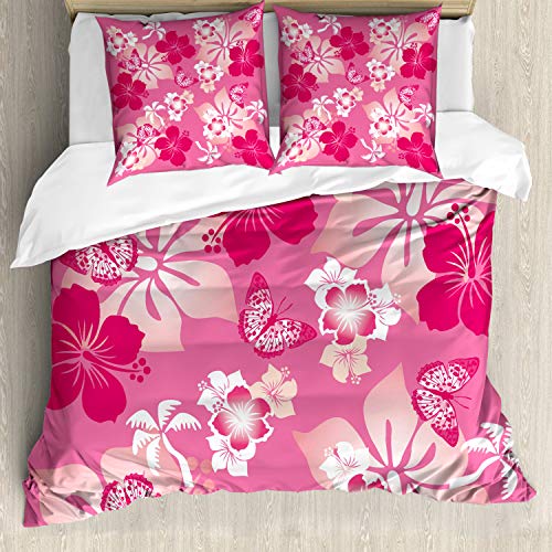 ABAKUHAUS Luau Bettbezugs Set Für Doppelbetten, Hibiscus rosa Schmetterlinge, Milbensicher Allergiker geeignet mit Kissenbezügen, Rosa Blasse Pfirsich-Weiß von ABAKUHAUS