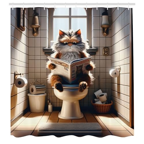 ABAKUHAUS Lustig Duschvorhang, Humorvolle Szene mit Einer Katze die auf Einer Toilette sitzt und Zeitung liest Druck, Stoffliches Gewebe mit Haken, 175 x 180 cm, Verbranntes Orange Türkis Blau von ABAKUHAUS