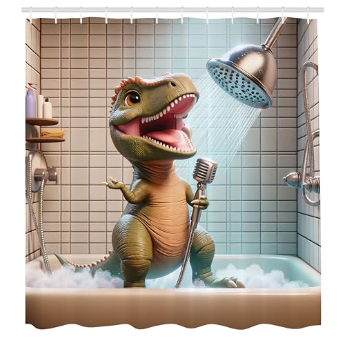ABAKUHAUS Lustig Duschvorhang, Verspielte Szene von Dino Charakter der duscht und mit einem Mikrofon singt, Stoffliches Gewebe Badezimmerdekorationsset mit Haken, 175 x 200 cm, Olivgrün Dunkles Tan ABAKUHAUS Lustig Duschvorhang, Verspielte Szene von Dino Charakter der duscht und mit einem Mikrofon singt, Stoffliches Gewebe Badezimmerdekorationsset mit Haken, 175 x 200 cm, Olivgrün Dunkles Tan von ABAKUHAUS