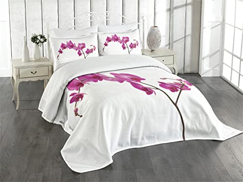 ABAKUHAUS Magenta Tagesdecke Set, Wilde Orchideen Petals, Set mit Kissenbezug Romantischer Stil, für Einzelbetten 170 x 220 cm, Violett von ABAKUHAUS