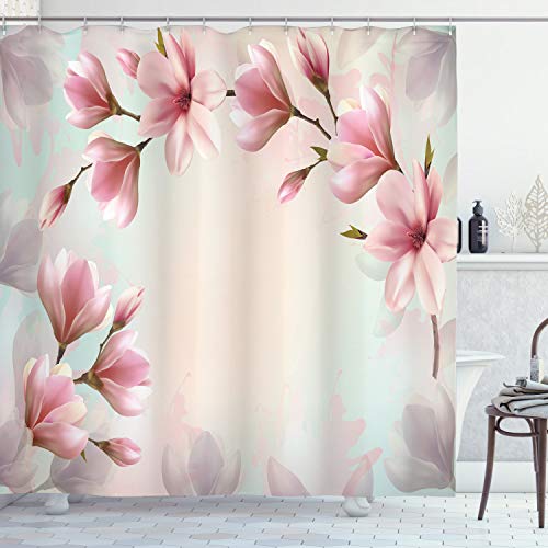ABAKUHAUS Magnolie Duschvorhang, Double Exposure Effect, Stoffliches Gewebe Badezimmerdekorationsset mit Haken, 175 x 240 cm, Dunkle Koralle von ABAKUHAUS