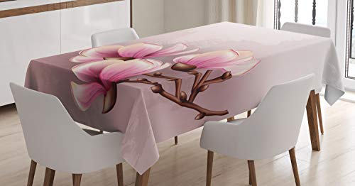 ABAKUHAUS Magnolie Tischdecke, Fragile Blütenblätter, Personalisierter Druck Klare Farben ohne Verblassen Waschbar für Außen Bereich, 140 x 170 cm, Baby Pink Braun und Rosa von ABAKUHAUS