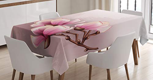 ABAKUHAUS Magnolie Tischdecke, Fragile Blütenblätter, Personalisierter Druck Klare Farben ohne Verblassen Waschbar für Außen Bereich, 140 x 200 cm, Baby Pink Braun und Rosa von ABAKUHAUS