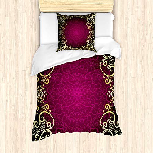 ABAKUHAUS Mandala Bettbezug Set für Einzelbetten, Lila Rahmen Curls, Milbensicher Allergiker geeignet mit Kissenbezug, Blassgelb Fuchsia von ABAKUHAUS