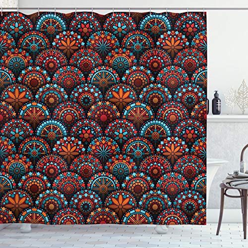 ABAKUHAUS Mandala Duschvorhang, Geometrische Blumenarten, Stoffliches Gewebe Badezimmerdekorationsset mit Haken, 175 x 200 cm, Scarlet Orange und Blau von ABAKUHAUS