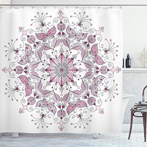ABAKUHAUS Mandala Duschvorhang, Pastell Lotus, Stoffliches Gewebe Badezimmerdekorationsset mit Haken, 175 x 220 cm, Weiß Hellrosa von ABAKUHAUS