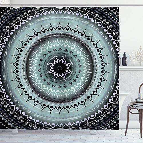 ABAKUHAUS Mandala Duschvorhang, Vintage Mandala Kreise, Stoffliches Gewebe Badezimmerdekorationsset mit Haken, 175 x 180 cm, Blau Schwarz von ABAKUHAUS