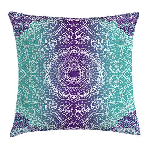 ABAKUHAUS Mandala Kissenbezug, Aufwändige Hippie, Waschbar mit Reißverschluss Kissenhülle mit Farbfesten Klaren Farben Beidseitiger Druck, 40 x 40 cm, Aqua Lila von ABAKUHAUS