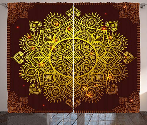 ABAKUHAUS Mandala Rustikaler Gardine, Orientalische Schneeflocke Kunst, Schlafzimmer Kräuselband Vorhang mit Schlaufen und Haken, 280 x 260 cm, Gelb Braun von ABAKUHAUS