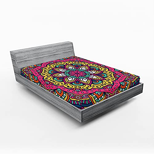 ABAKUHAUS Mandala Spannbetttuch, Bunte Blumenmotiv, Soft Dekorativer Stoff Bettwäsche Rund-um Elastischer Gummizug, 140 cm x 200 cm, Multicolor Weiß von ABAKUHAUS