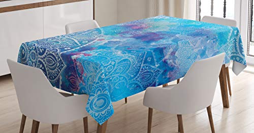 ABAKUHAUS Mandala Tischdecke, Aquarell Floral asiatischen, Druck mit Klaren Farben ohne Verblassen Waschbar für innen oder Außen Bereich, 140 x 240 cm, Hellblau Weiß von ABAKUHAUS