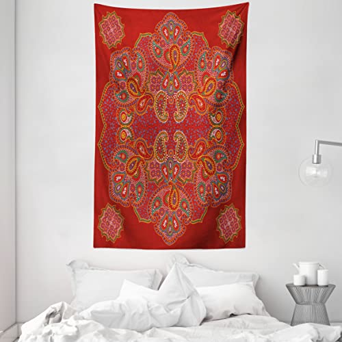 ABAKUHAUS Red Mandala Wandteppich und Tagesdecke, Persian Paisley aus Weiches Mikrofaser Stoff Waschbar ohne Verblassen Digitaldruck, 140 x 230 cm, Burgunderrot Weiß von ABAKUHAUS