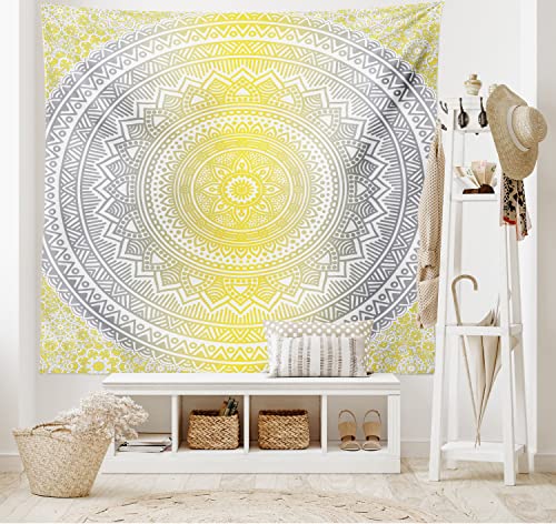 ABAKUHAUS Mandala Wandteppich und Tagesdecke, Pale Farbige Ombre aus Weiches Mikrofaser Stoff Waschbar ohne Verblassen Digitaldruck, 230 x 140 cm, Grau Gelb von ABAKUHAUS