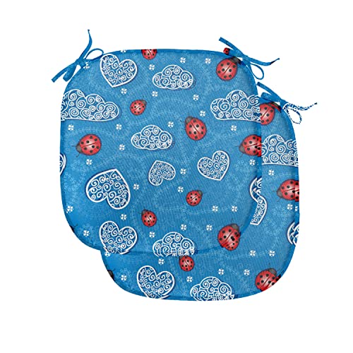 ABAKUHAUS Marienkäfer Polster für Esszimmerstühle, Marienkäfer-Herz-Wolken, Dekoratives wasserfestes Kissen mit Riemen für Küchensitze, 40 cm x 40 cm-2er Pack, Blau Rot von ABAKUHAUS