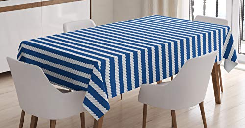 ABAKUHAUS Marine Tischdecke, Seil-Streifen-Muster, Personalisierter Druck Klare Farben ohne Verblassen Waschbar für Außen Bereich, 140 x 200 cm, Weiß und Blau von ABAKUHAUS