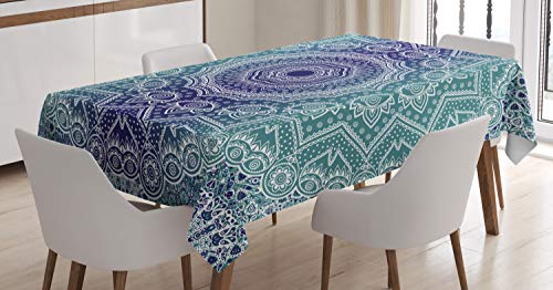 ABAKUHAUS Mandala Tischdecke, Ombre Tribe, Wasserfest Waschbar mit Klar Sichtbaren Farben kein Verblassen Personalisiert, 140 x 240 cm, Dunkelblau Teal von ABAKUHAUS