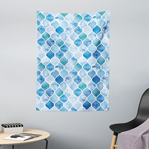 ABAKUHAUS Marokkanisch Wandteppich, Orientalischer Stil Mosaik Muster in Aquarell Farbe Retro Stil Kunstdruck, aus Weiches Mikrofaser Stoff Wand Dekoration Für Schlafzimmer, 110 x 150 cm, Blassblau von ABAKUHAUS