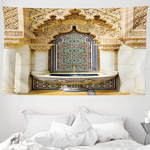 ABAKUHAUS Marokkanisch Wandteppich und Tagesdecke, Vintage Eastern Art, aus Weiches Mikrofaser Stoff Wand Dekoration Für Schlafzimmer, 230 x 140 cm, Elfenbein Blassbraun Blau von ABAKUHAUS
