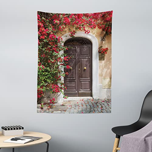 ABAKUHAUS marokkanisch Wandteppich, Alte Tür mit Blumen aus Weiches Mikrofaser Stoff Waschbar ohne Verblassen Digitaldruck, 110 x 150 cm, Braun Beige von ABAKUHAUS