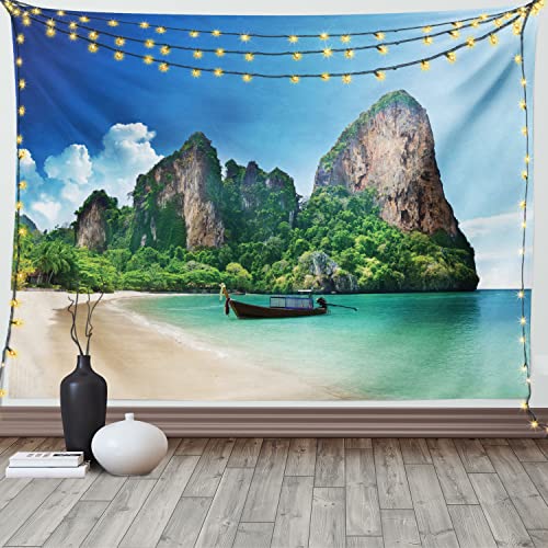 ABAKUHAUS Meer Wandteppich, Thailand Felsen Cliff Beach, Wohnzimmer Schlafzimmer Heim Seidiges Satin Wandteppich, 200 x 150 cm, Grün Blau von ABAKUHAUS