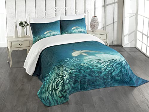 ABAKUHAUS Meerestiere Tagesdecke Set, Tiere Teal Wildlife, Set mit Kissenbezügen farbfester Digitaldruck, für Doppelbetten 220 x 220 cm, Beige Teal von ABAKUHAUS