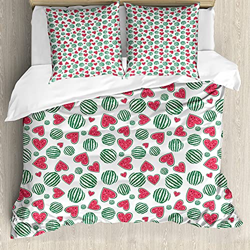 ABAKUHAUS Melone Bettbezug Set für Einzelbetten, Wassermelone-Frucht-Herz-Scheiben, Milbensicher Allergiker geeignet mit Kissenbezug, 155 cm x 200 cm - 80 x 80 cm, Dunkel Coral Forest Green ABAKUHAUS Melone Bettbezug Set für Einzelbetten, Wassermelone-Frucht-Herz-Scheiben, Milbensicher Allergiker geeignet mit Kissenbezug, 155 cm x 200 cm - 80 x 80 cm, Dunkel Coral Forest Green von ABAKUHAUS