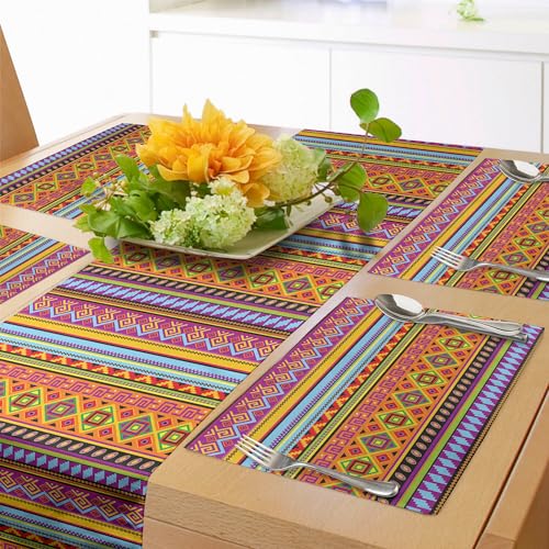 ABAKUHAUS Mexikaner Tischläufer & 4 Stück Tischsets, Folklorischer Alter Weinlese Verzierung Entwurf Geometrisch Bunt Formen Streifen, Tischdeko-Set, 180 x 40 cm, Orange Magenta von ABAKUHAUS