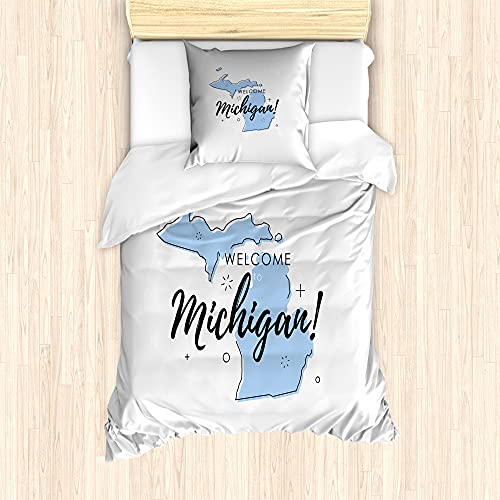 ABAKUHAUS Michigan Bettbezug Set für Einzelbetten, Willkommen in der Michigan State, Milbensicher Allergiker geeignet mit Kissenbezug, 135 cm x 200 cm - 80 x 80 cm, Pale Grau Hellblau von ABAKUHAUS
