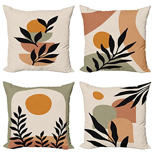 ABAKUHAUS Minimalistisch Dekokissen Kissenbezug 4er Pack, Zweige und geometrische Formen Modern Accent Doppelseitiger Digitaldruck, 45 cm x 45 cm, Ecru Salbeigrün Apricot von ABAKUHAUS