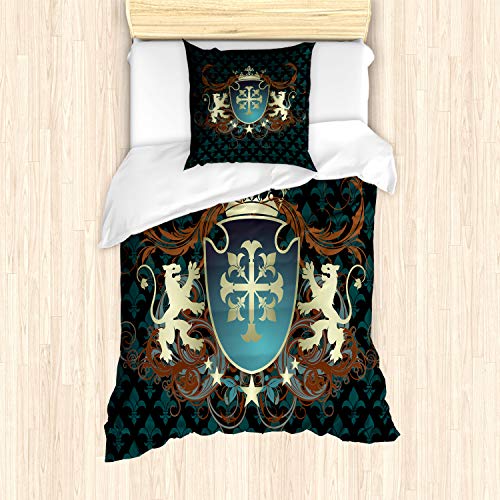 ABAKUHAUS Mittelalterlich Bettbezug Set für Einzelbetten, Mittelalter Wappen, Milbensicher Allergiker geeignet mit Kissenbezug, Teal Schwarz Zimt von ABAKUHAUS
