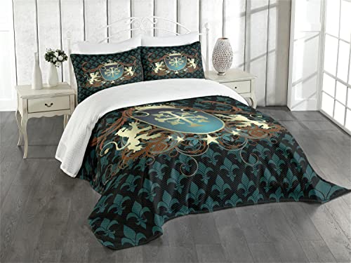 ABAKUHAUS Mittelalterlich Tagesdecke Set, Mittelalter Wappen, Set mit Kissenbezügen Waschbar, für Doppelbetten 220 x 220 cm, Schwarz Teal von ABAKUHAUS