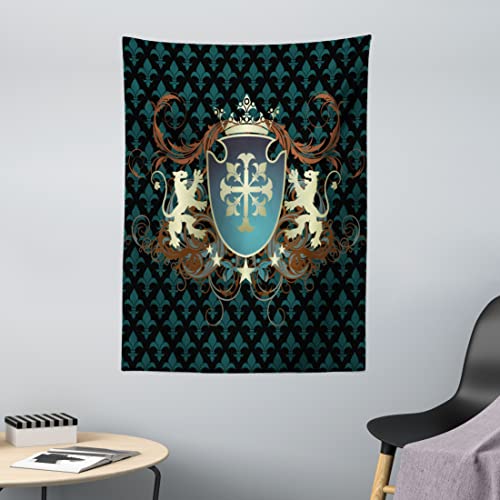 ABAKUHAUS Mittelalterlich Wandteppich, Mittelalter Wappen aus Weiches Mikrofaser Stoff Waschbar ohne Verblassen Digitaldruck, 110 x 150 cm, Zimt Schwarz Teal von ABAKUHAUS