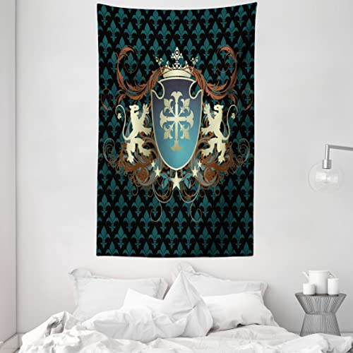 ABAKUHAUS Mittelalterlich Wandteppich und Tagesdecke, Mittelalter Wappen aus Weiches Mikrofaser Stoff Waschbar ohne Verblassen Digitaldruck, 140 x 230 cm, Zimt Schwarz Teal von ABAKUHAUS