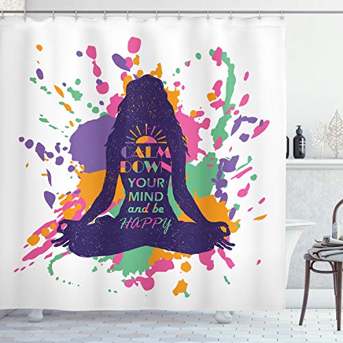 ABAKUHAUS Modern Duschvorhang, Glückliche Wörter Ruhe, Stoffliches Gewebe Badezimmerdekorationsset mit Haken, 175 x 180 cm, Mehrfarbig von ABAKUHAUS