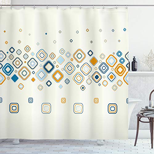 ABAKUHAUS Modern Duschvorhang, Vektor Geometrische Formen, Stoffliches Gewebe Badezimmerdekorationsset mit Haken, 175 x 200 cm, Creme Marigold Blassblau von ABAKUHAUS