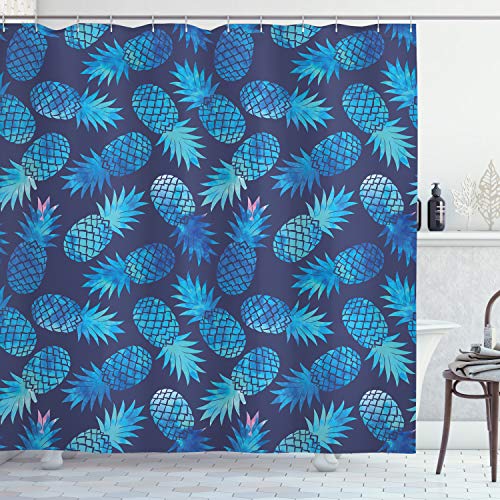 ABAKUHAUS Modern Duschvorhang, exotische Ananas, Wasser Blickdicht inkl.12 Ringe Langhaltig Bakterie und Schimmel Resistent, 175 x 180 cm, Nachtblau Türkis von ABAKUHAUS