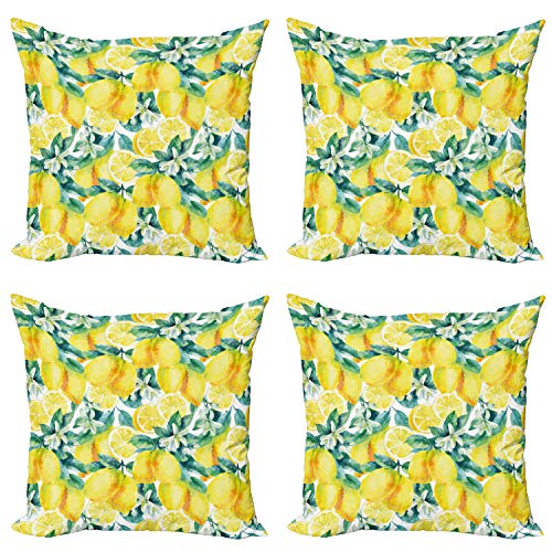 ABAKUHAUS Modern Dekokissen Kissenbezug 4er Pack, Branchen Zitrone Citrus, Modern Accent Doppelseitiger Digitaldruck, 40 x 40 cm, Grün und Gelb von ABAKUHAUS