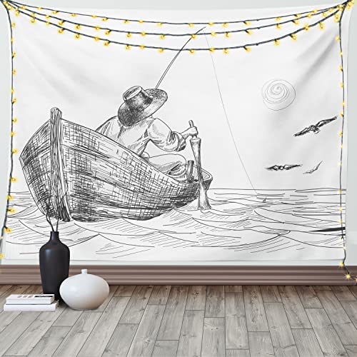 ABAKUHAUS Möwen Wandteppich und Tagesdecke, Fischer auf Boot Skizze, aus Weiches Mikrofaser Stoff Schmutz abweichender Digitaldruck, 150 x 110 cm, Schwarz Weiss von ABAKUHAUS