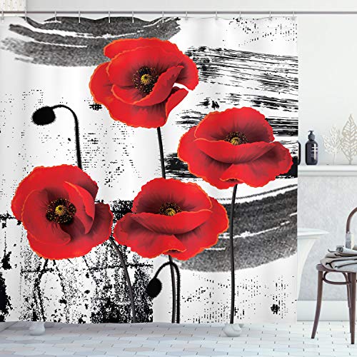ABAKUHAUS Mohn Duschvorhang, Grunge Pinsel Blumen, Stoffliches Gewebe Badezimmerdekorationsset mit Haken, 175 x 220 cm, Vermilion Grau von ABAKUHAUS