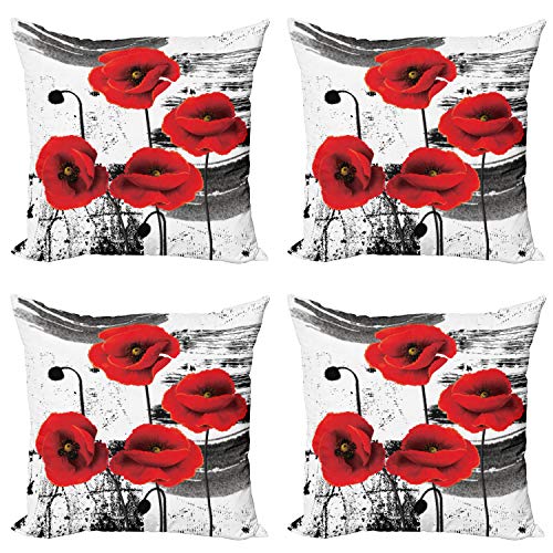 ABAKUHAUS Mohn Dekokissen Kissenbezug 4er Pack, Grunge Pinsel Blumen, Modern Accent Doppelseitiger Digitaldruck, 40 x 40 cm, Grau von ABAKUHAUS