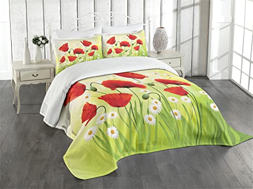 ABAKUHAUS Mohn Tagesdecke Set, Floral Kamille Mohn, Set mit Kissenbezug luftdurchlässig, für Einzelbetten 170 x 220 cm, Orange Lila Blau von ABAKUHAUS