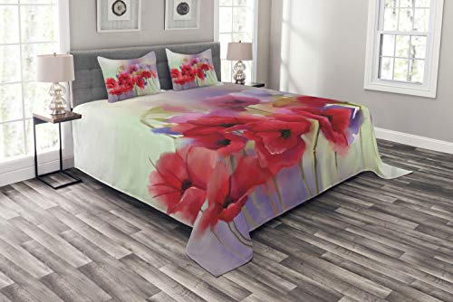 ABAKUHAUS Mohn Tagesdecke Set, Frühlings-Blumen Romantische, Set mit Kissenbezügen Waschbar, für Doppelbetten 220 x 220 cm, Lavendel Rot von ABAKUHAUS