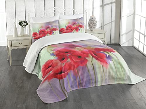 ABAKUHAUS Mohn Tagesdecke Set, Frühlings-Blumen Romantische, Set mit Kissenbezügen Waschbar, für Einzelbetten 170 x 220 cm, Lavendel Rot von ABAKUHAUS