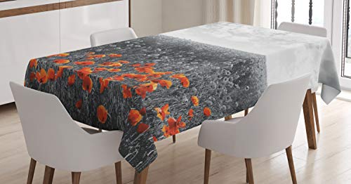 ABAKUHAUS Mohn Tischdecke, Blumenfeld Graustufen Entwurf, Druck mit Klaren Farben ohne Verblassen Waschbar für innen oder Außen Bereich, 140 x 170 cm, Orange Grau von ABAKUHAUS