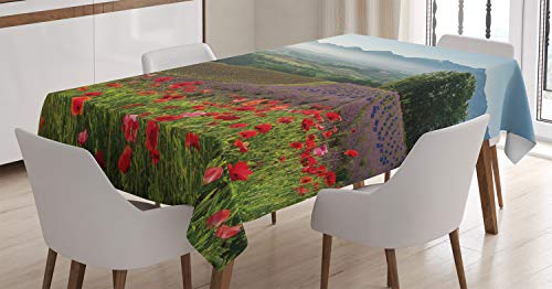 ABAKUHAUS Mohn Tischdecke, Lavender Farm Morgen, Druck mit Klaren Farben ohne Verblassen Waschbar für innen oder Außen Bereich, 140 x 170 cm, Grün Rot von ABAKUHAUS